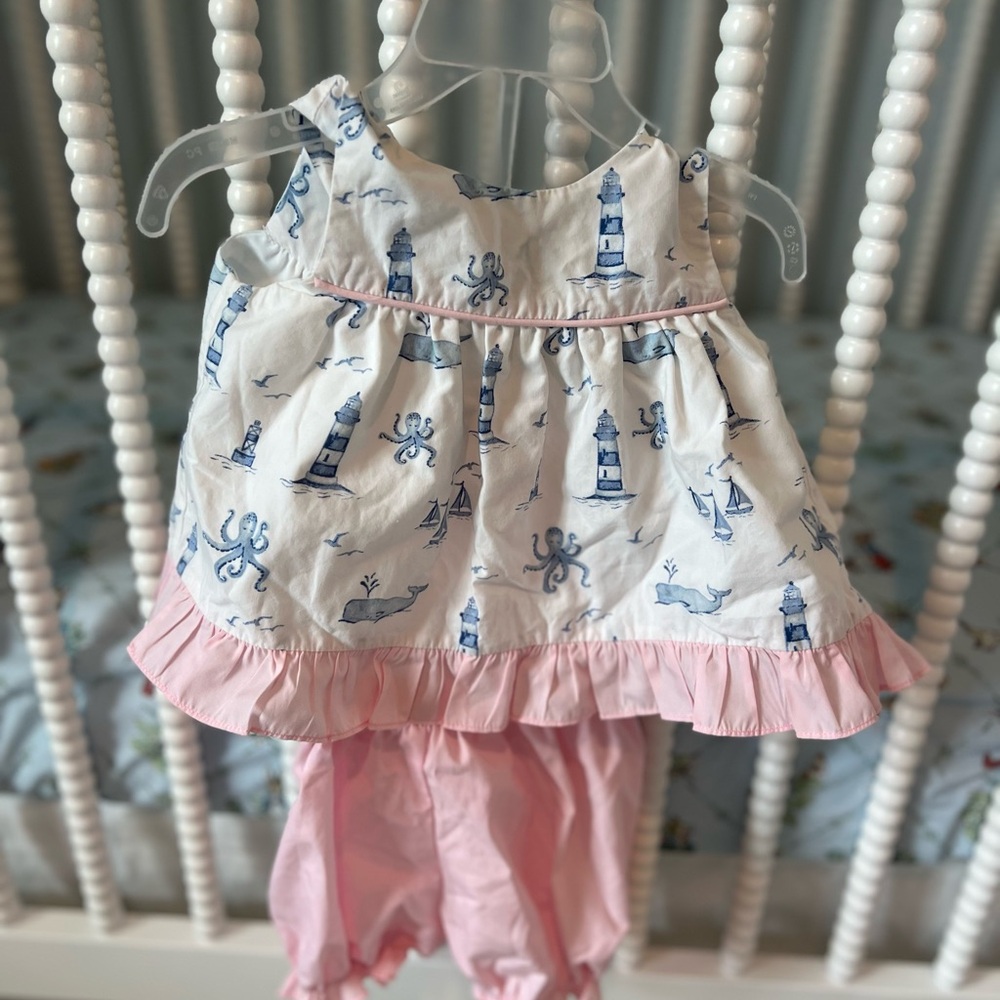 Nautical Print Baby Bloomers set - White & Light Pink